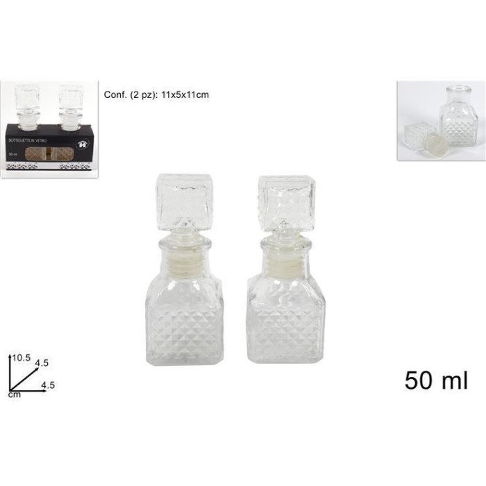 SET 2 BOTTIGLIETTE VETRO TAPPO QUADRATO